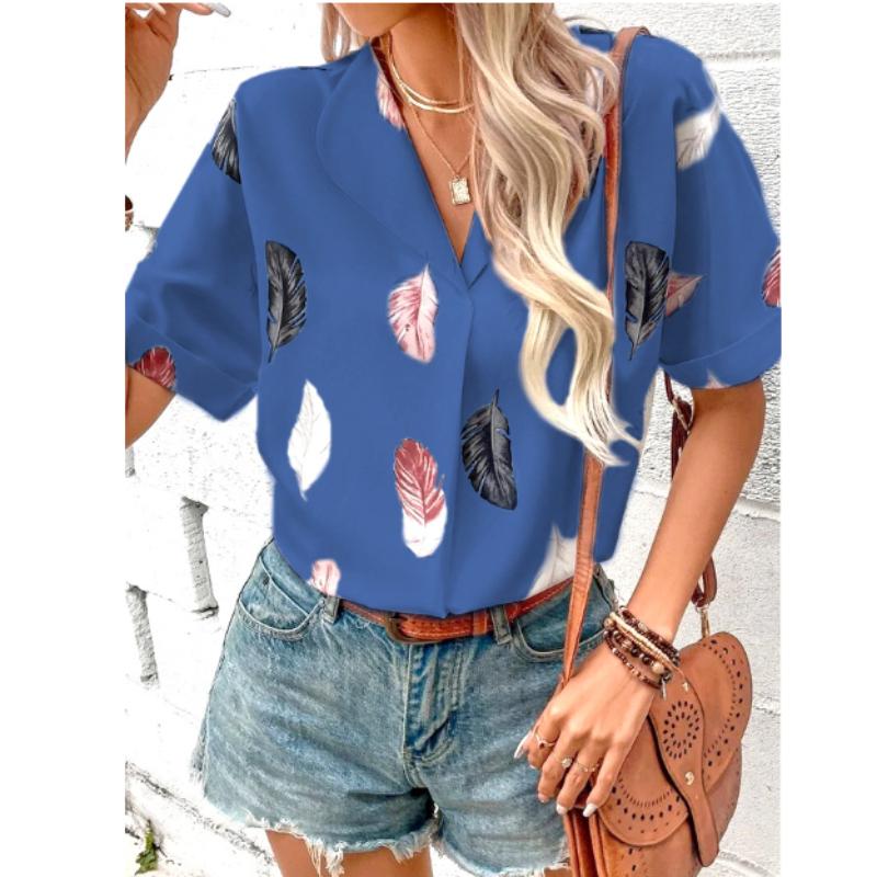 Women Casual Notched  Lapel Feather Print Short-sleeved Blouse Top