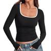 Fashionable Women's Top Square Neck Slim Sexy Colorblock Long Sleeves