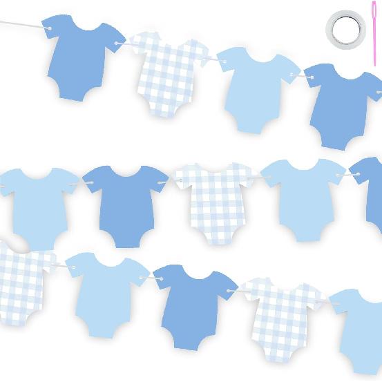 Blue Gingham Baby Shower Banner, Bodysuit Paper Garland with Clothesline, Boy or Girl Banner Baby Shower Decoration