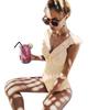 Ruffled Striped V-Neck Backless One-Piece Swimsuit - European and American Style