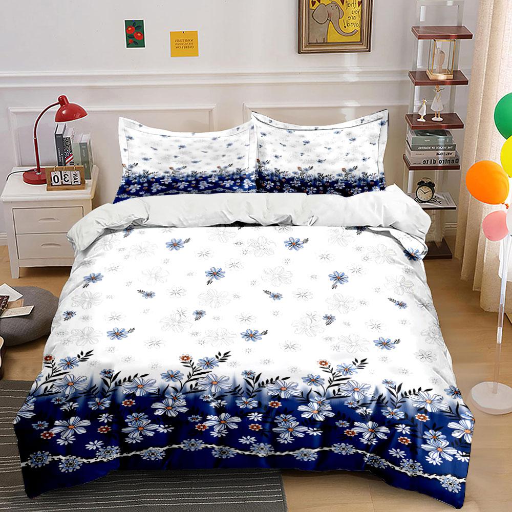 Delicate Floral Pattern In White And Blue Bedding Set For Kids Luxury Gift 3Pcs Digital Print Comforter Set Soft Comfortable (as the picture,EU Twin 135X200cm&set)