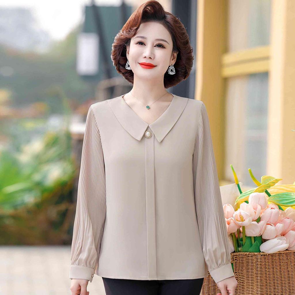 Mom's Spring and Autumn Chiffon Shirt Long Sleeve Middle Aged and Elderly Women's Top Clothes Spring Clothing