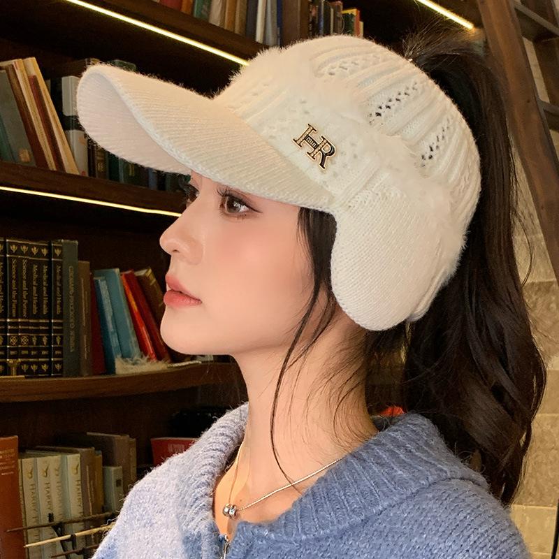 Versatile Knitted Empty Top Hat Korean Letter Plus Velvet Hat for Women's Outdoor Cycling Windproof and Warm Ear Protection Hat