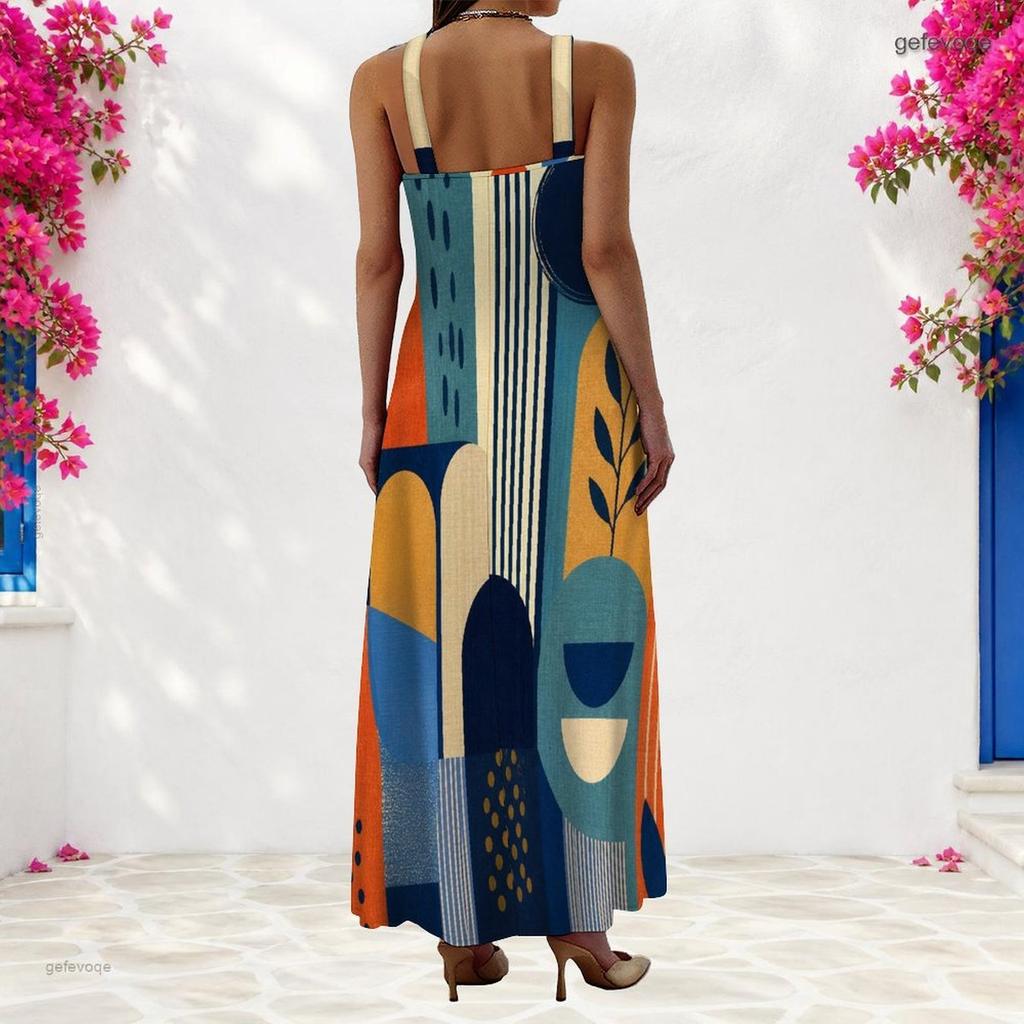 Women Plus Size Scoop Neck Strappy Sleeveless Geometric Printed A Line Long Dress