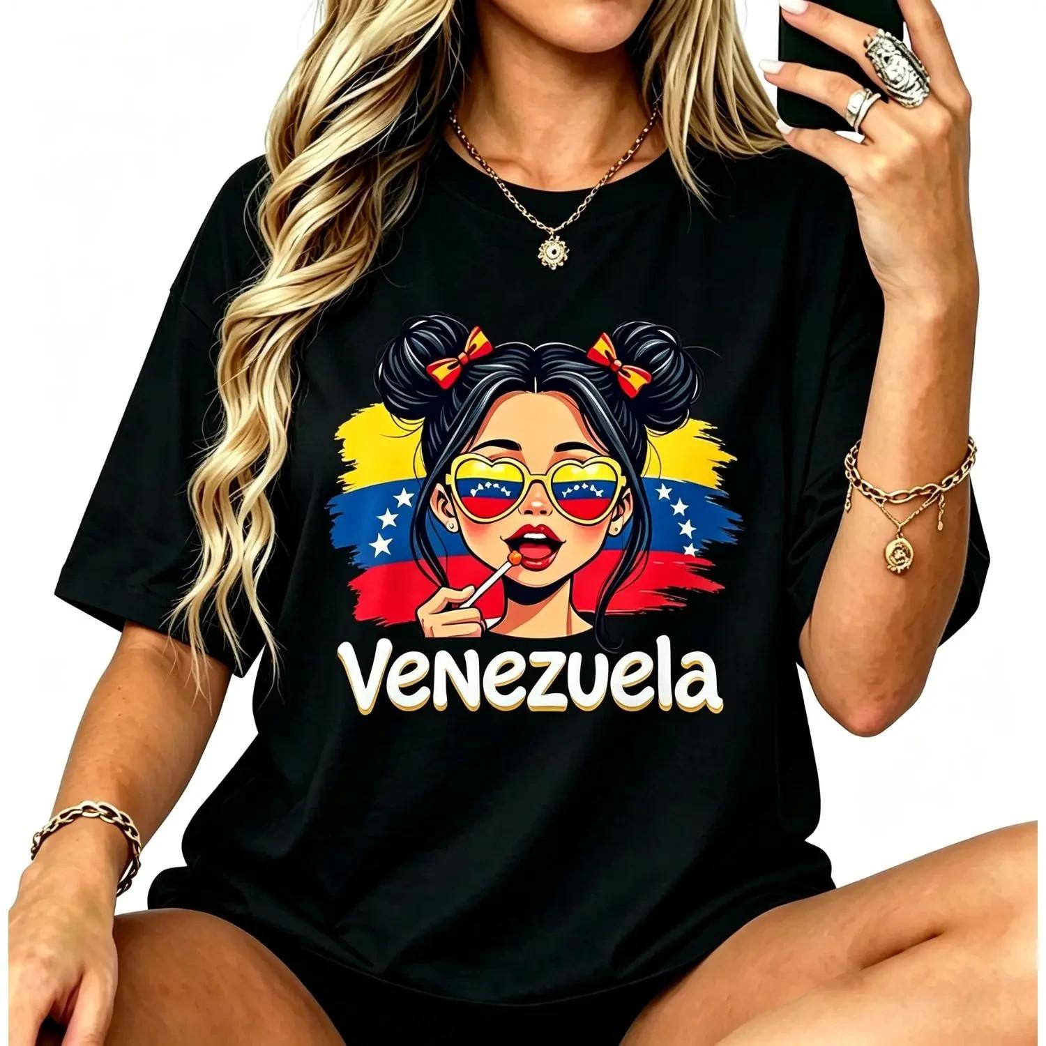 Messy Bun Girl Venezuela Pride Latina Venezuelan Women Girls Cotton T-shirt XXL