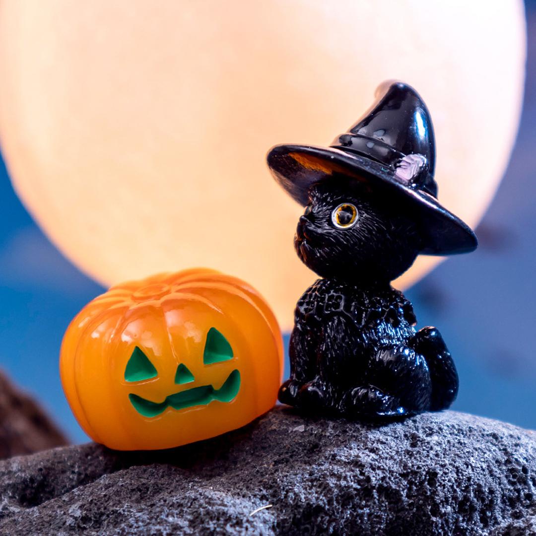 

2pcs Resin Halloween Terror House Cat Micro Landscape Ornament Pumpkin Fairy Garden Miniature DIY Craft Room Decor Gifts