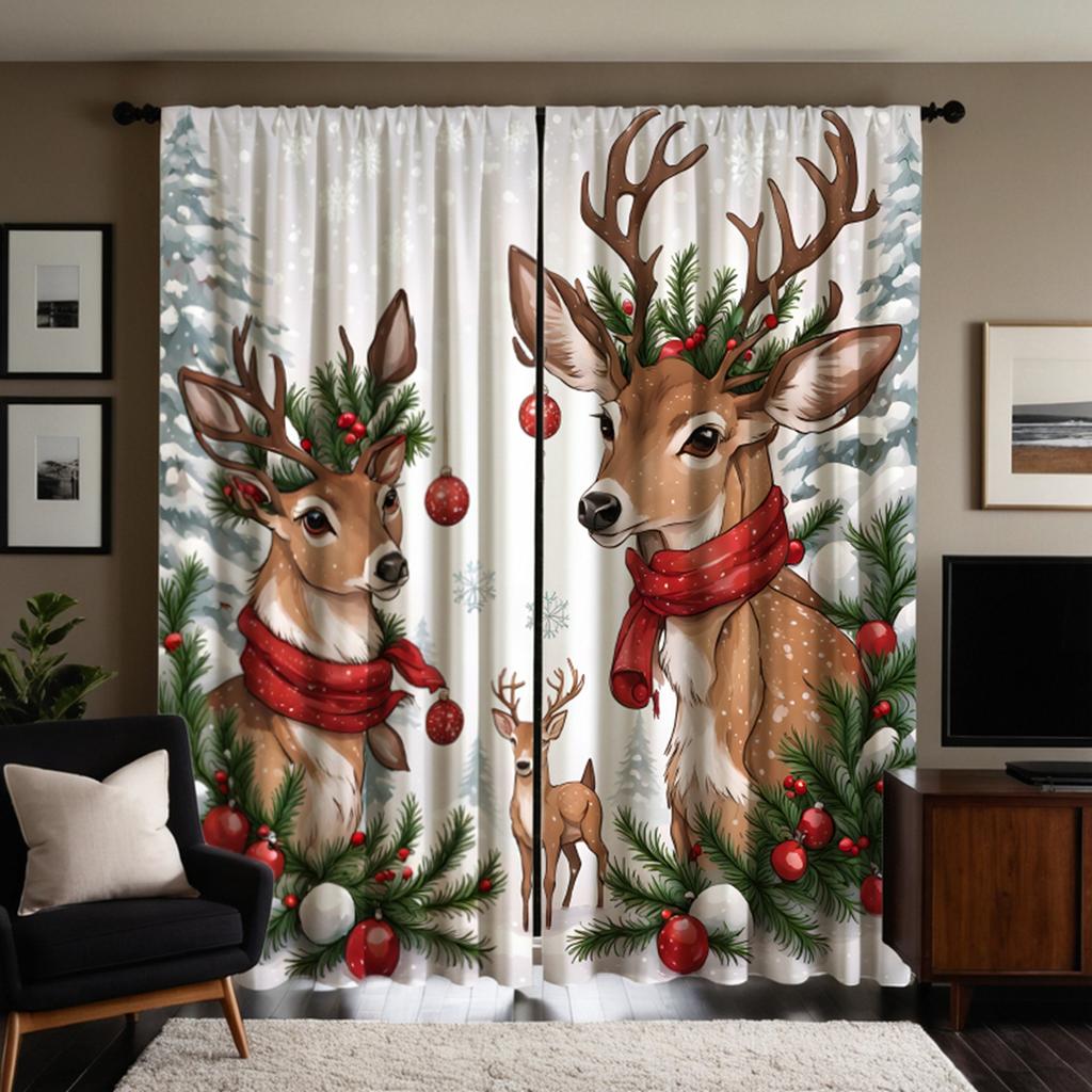 2pcs set HD Christmas White Snowflake reindeer decorative curtain White tie digital printed curtain Home Decoration style Dec