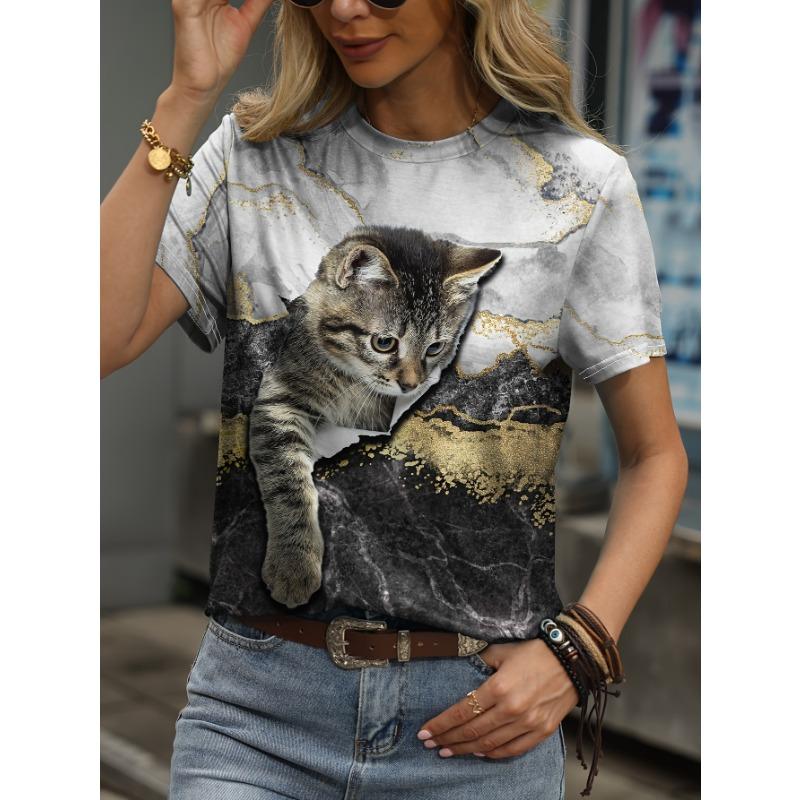 

Funny kitten abstract pattern round neck short-sleeved loose top S