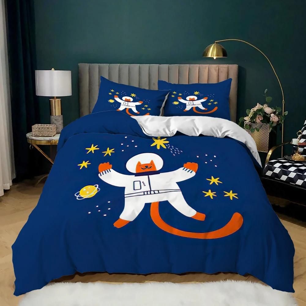 Cartoon Animal Duvet Cover Microfiber Pig Astronaut Red Bedding Set Space Universe Animal Theme King Quilt Cover