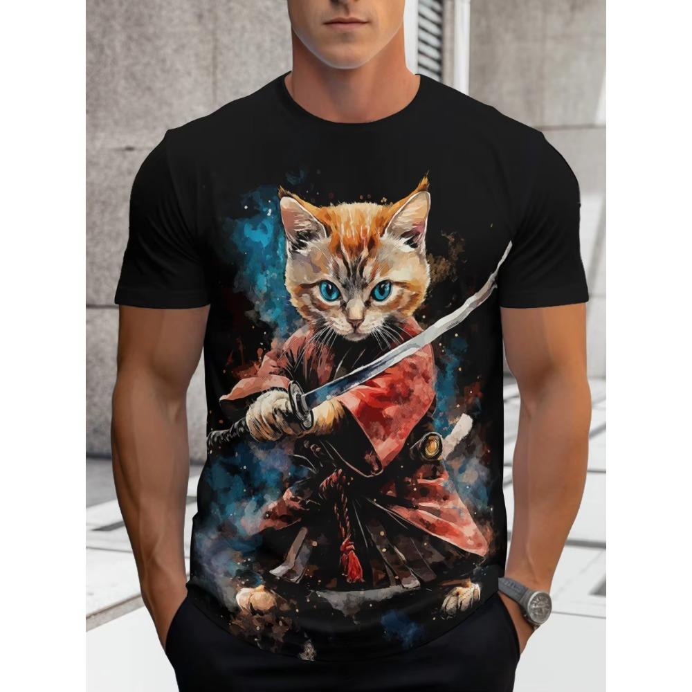 Summer Funny Men Cute Cat 3D Animal Printed Short Sleeves T-Shirt Round Neck T-Shirts Fashionable Comfortable Breathable Casual Top Men's T-shirt