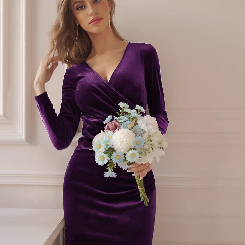 Women's Long Length Ball Gown with Strapless Sequins Ideal for Evening Parties Velvet Cocktail Dress V Neck Slim Fit Mermaid Style Evening Gown