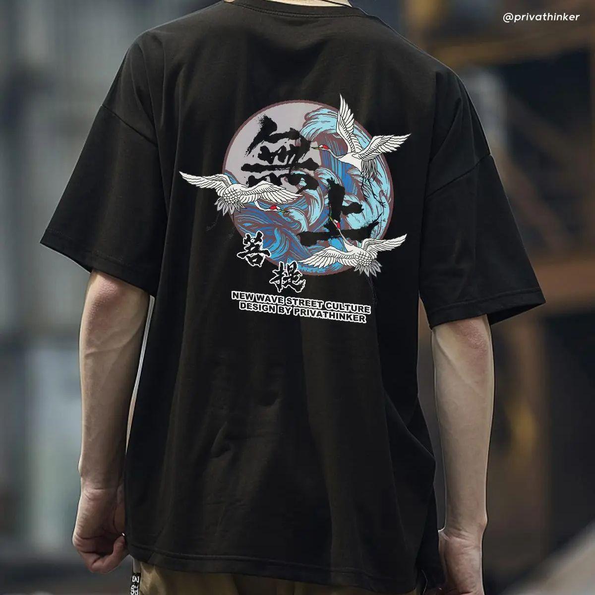 

Винтажные мужские футболки с рисунком журавля, мешковатая одежда с коротким рукавом, летние модные брендовые хлопковые высококачественные мужские повседневные футболки XXXL чёрный