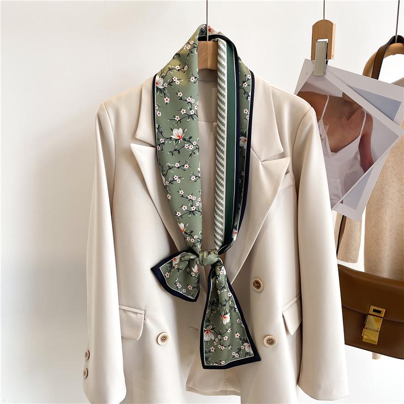 Two Sides 14X147cm Luxury Silk Scarf Women Neckerchief Hair Band Ribbon Headband Foulard Floral Bag Neck Ties Narrow Thin Strip