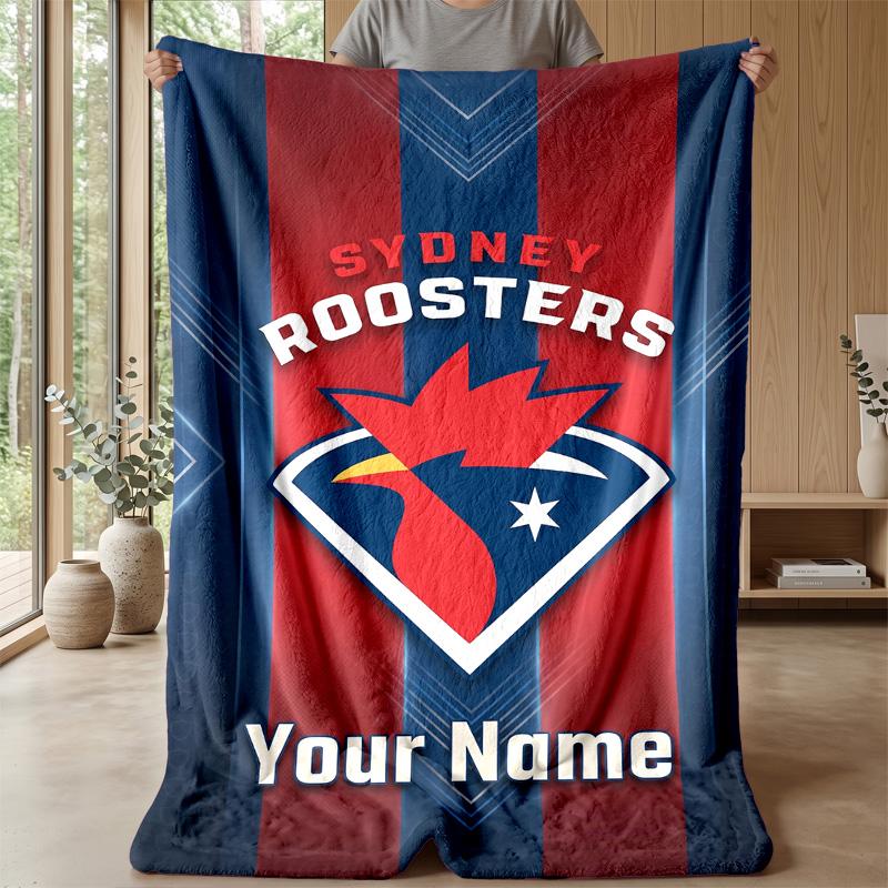 Sydney Roosters Custom Flannel Throw Blanket Print Your Name Text Soft Warm Blanket Holiday Present