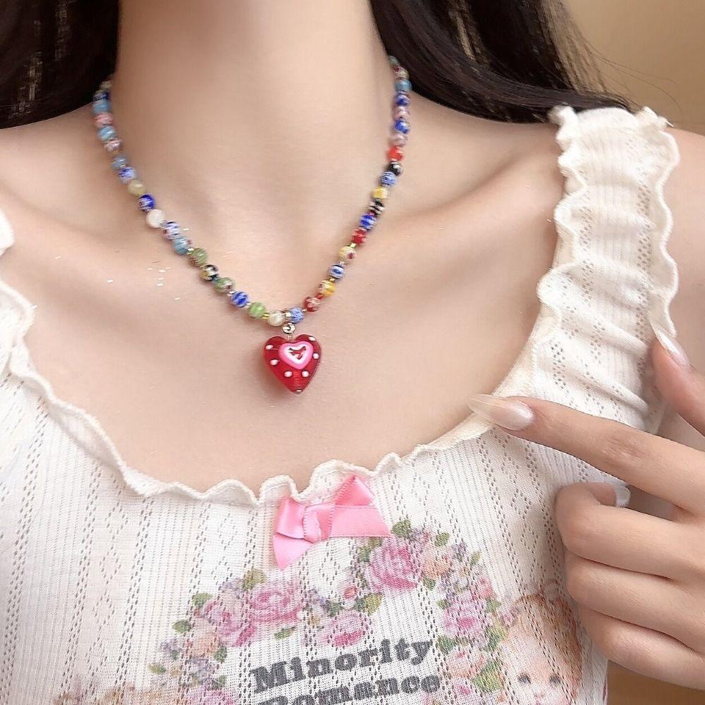 Adjustable Necklace Heart-shaped Pendant Beads Chain New Collarbone Chains  for Women