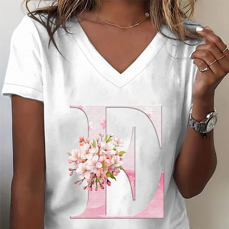 Pink Sakura 26 Alphabet Fashion Casual Tops Unisex Cherry Blossom Lover Vneck Short Sleeve Tshirt Letter R Floral Gift Clothing