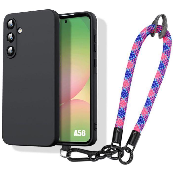 Case - BOOLING - for Samsung Galaxy A56 5G - Black Silicone - Removable Tricolor Lanyard - Shockproof