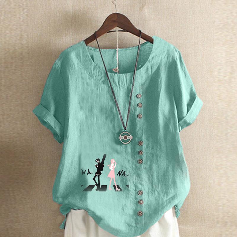 Women's Fashion Round Neck Short Sleeve T-shirt Casual Cotton Linen Graphic Shirt Leisure Loose Missing Two People Prined Summer Blouse Tops