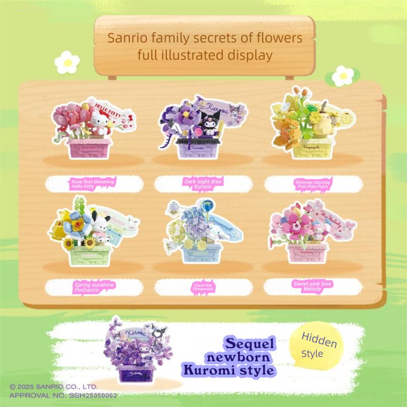Sanrio Flower Basket Potted Building Blocks Hello Kitty Kuromi Bonsai Model Bricks Desktop Ornaments Surprise Blind Box Gifts
