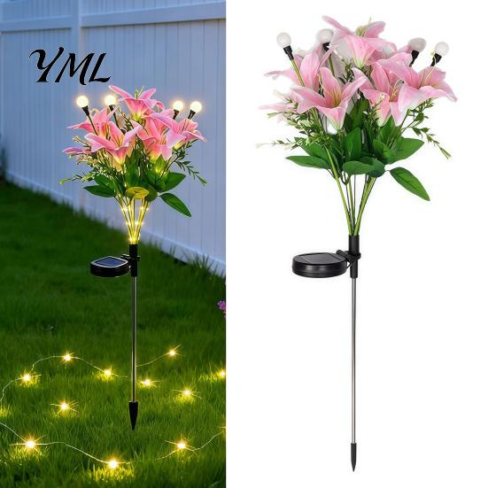 Outdoor Path Lighting for Patio 2Pcs Artificial Flower Solar Lights, Lily Bamboo Wisteria Garden Stake Powered Decor Firefly Waterproof Pathway Lights