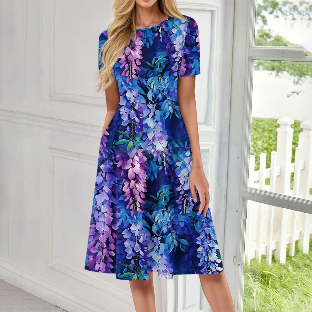 Women's Casual Sundress Summer Boho Beach Dress Floral Blouses For Women O Neck Loose Dresses