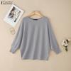 ZANZEA Women Casual O-neck Solid Color Bat Sleeve Rib Thin Blouse Tops