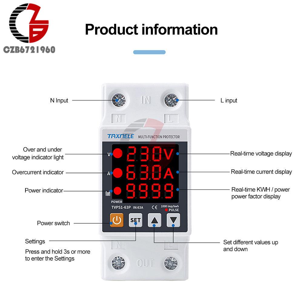 63A 230V 3 in 1 Display Din Rail Adjustable Over Under Voltage Surge Protector Relay Over Current Protect Kwh Power Watt Meter