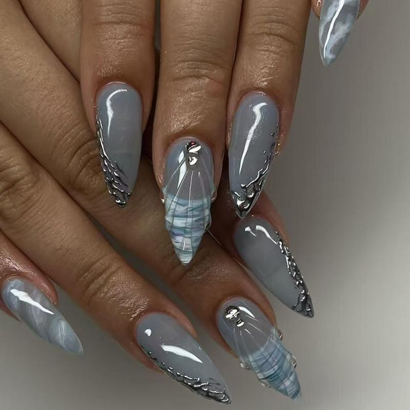24Pcs Medium French Almond Press On Nails 3D Ocean Shark Shell Pearl Design Fake Nail Tips