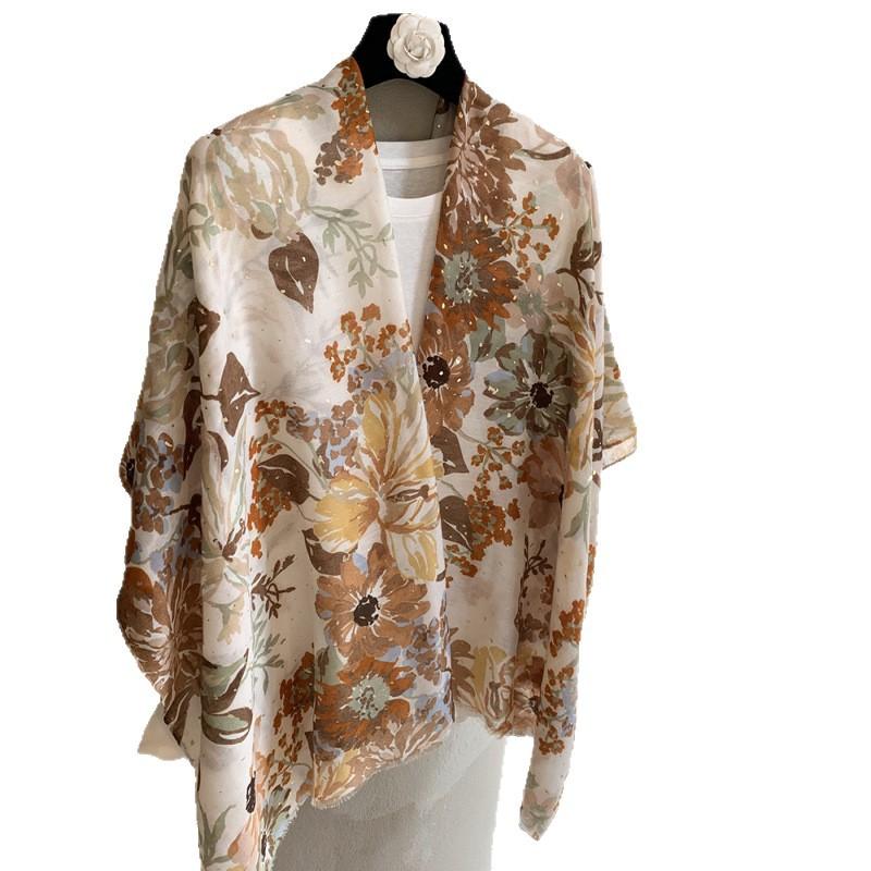 Literary And Retro Bronzing Printing Long Silk Scarf Sunscreen Shawl Travel Photo Decoration Yarn Outer Scarf Shawl