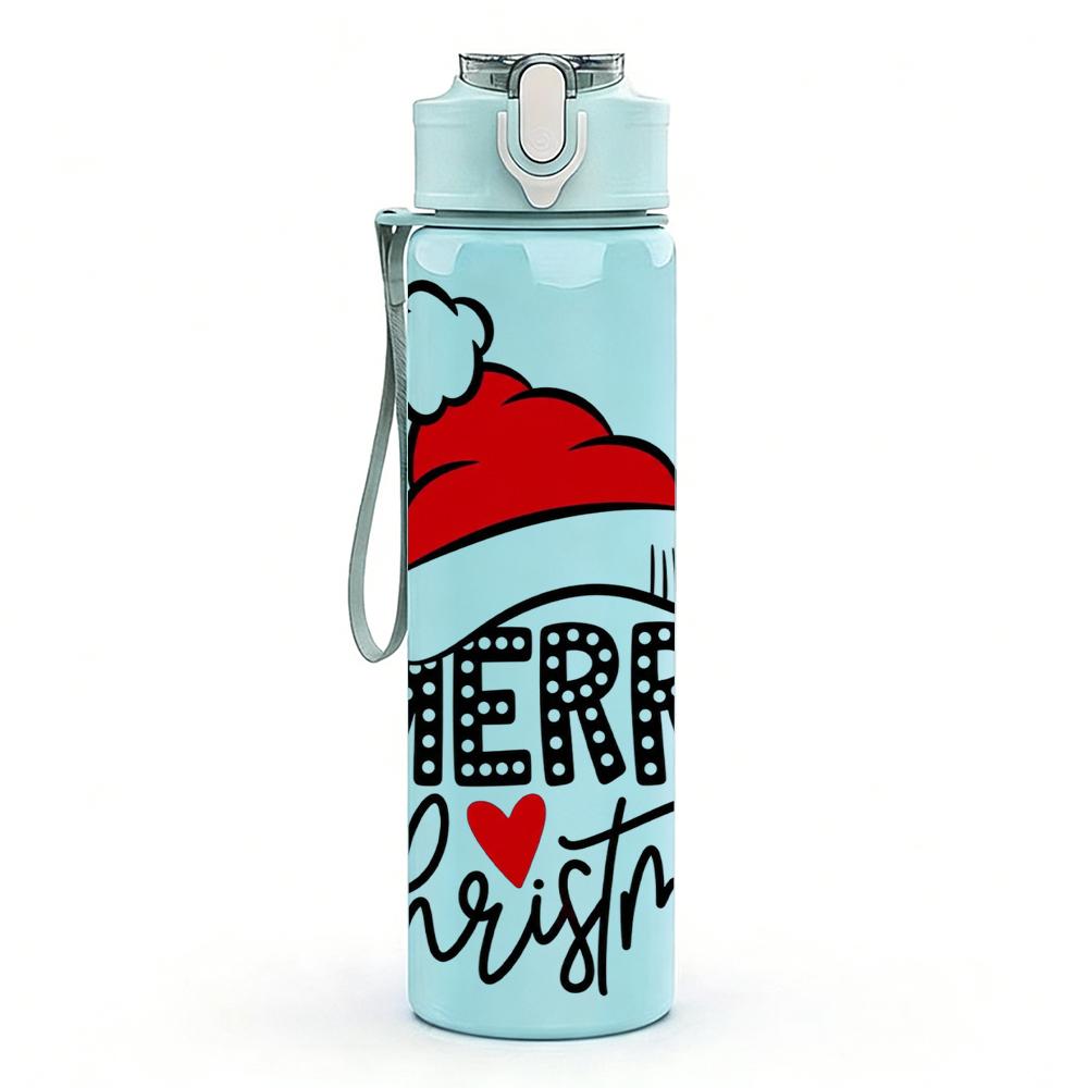 1PC Merry Christmas Santa Hat Graphic,750ml Color Plastic Sports Water Bottle,Leakproof Flip Straw Lid,Suitable for Sports Office Home Use