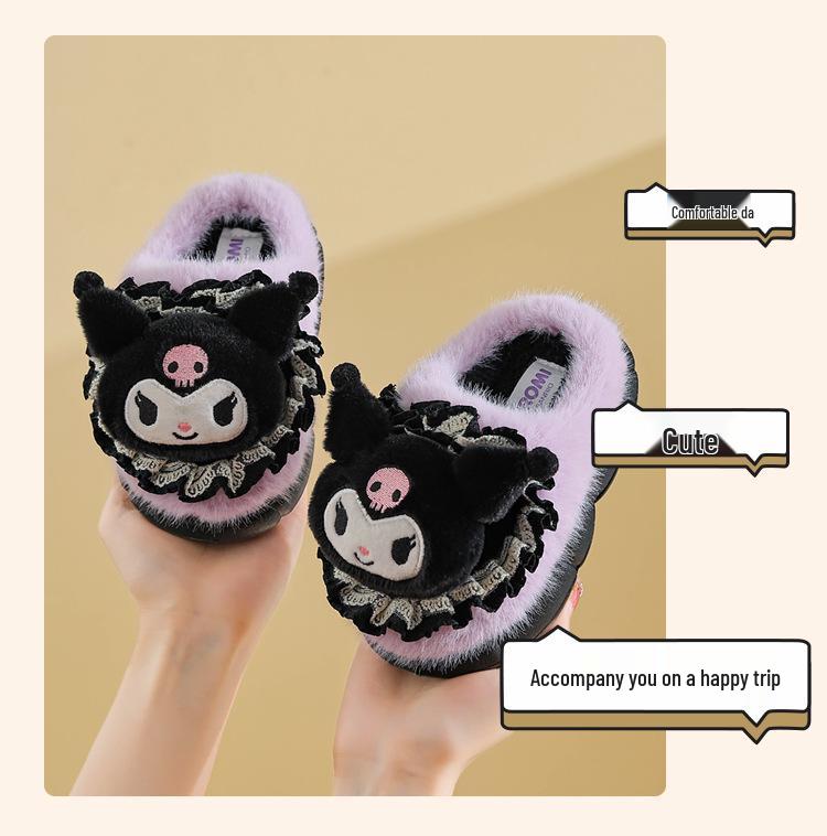 Sanrio Winter Furry Cotton Slippers for Girls – Warm Indoor Cartoon Shoes with Thick Soles, available in Parent-Child Sizes.
