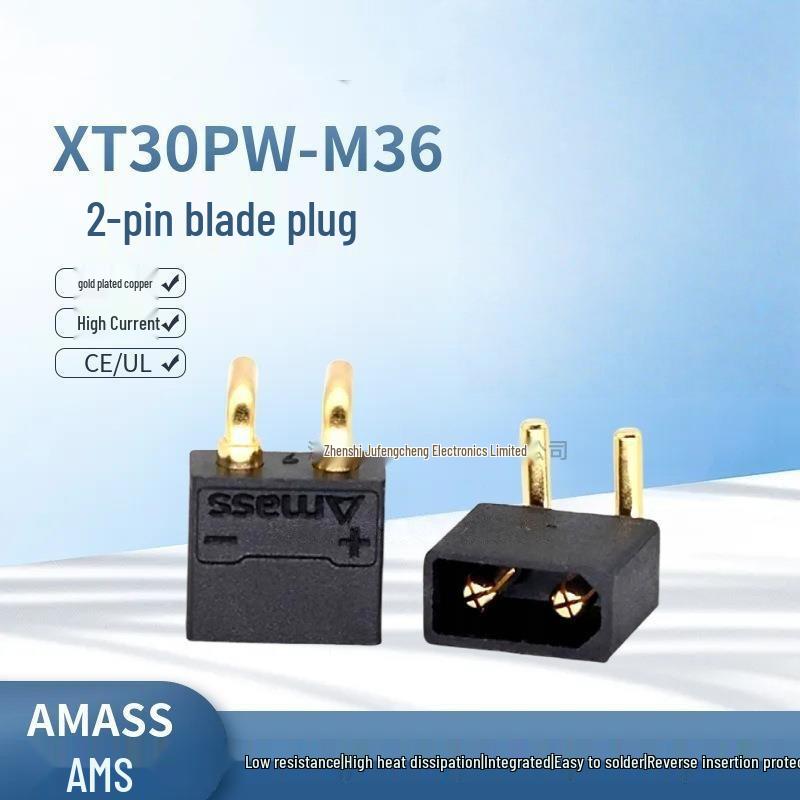 

XT30PW-M36 Male 2-Pin Board-Mounted Plug Connector, Bent Pin Horizontal for Model Aircraft (No Auxiliary Solder Pin)
