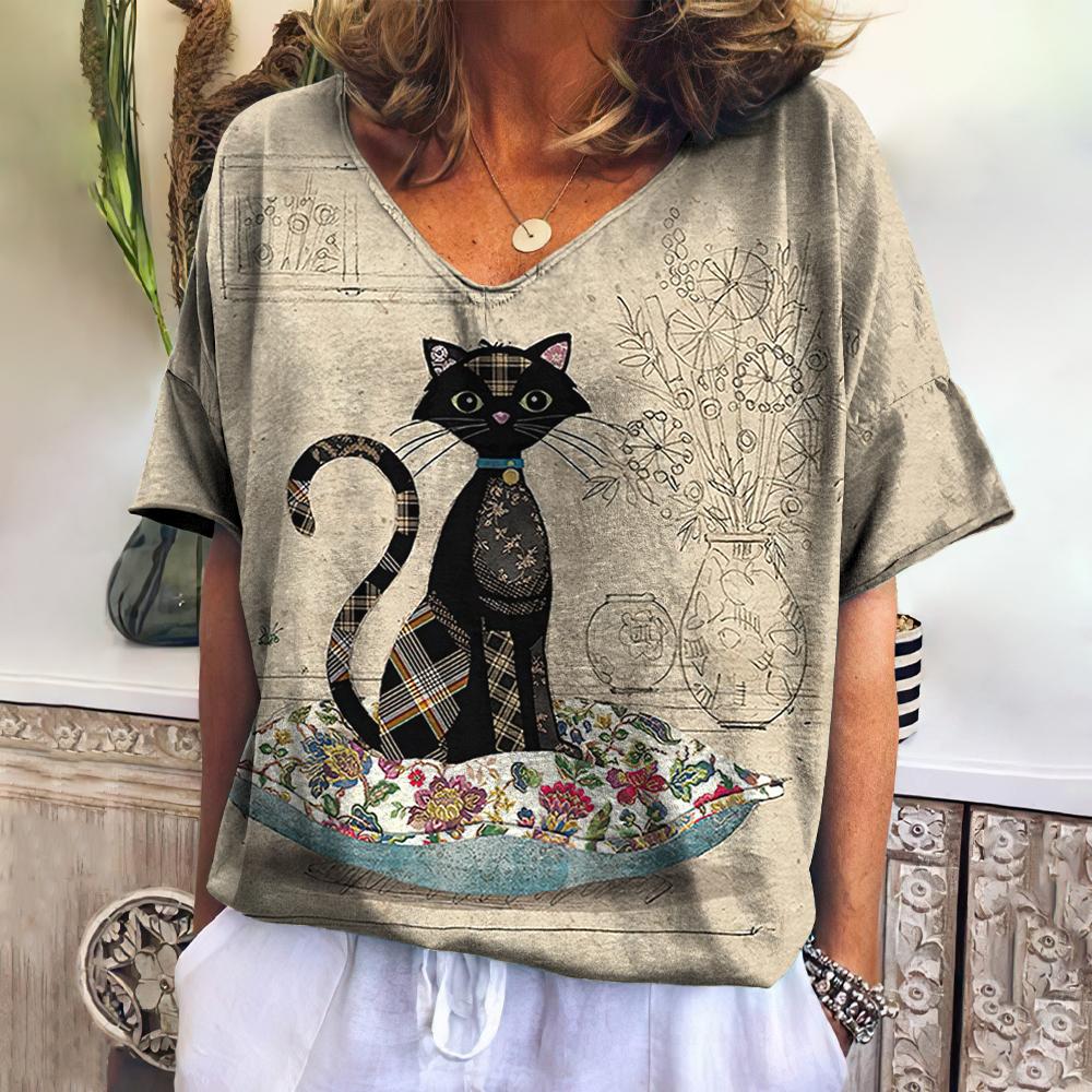 Women's T-shirt 3d Cute Cat Print V-neck Tops Summer New Kawaii Animal Short-sleeved Fashion Loose Large Size Women's Tops