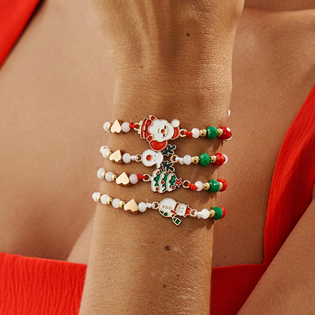 SHIXIN 4Pcs/Set Cute Santa Claus Elk Snowman Christmas Tree Pendant Bracelet Women Adjustable Rope Chain Acrylic Beaded Bracelet