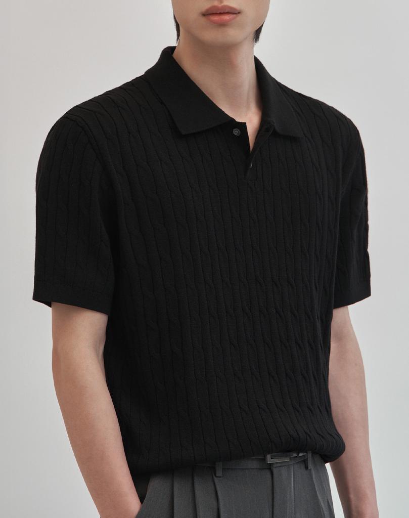 WORK ON BODY OFF Tres Semi-Overfit Cable Collar Short Sleeve Knit [Black]