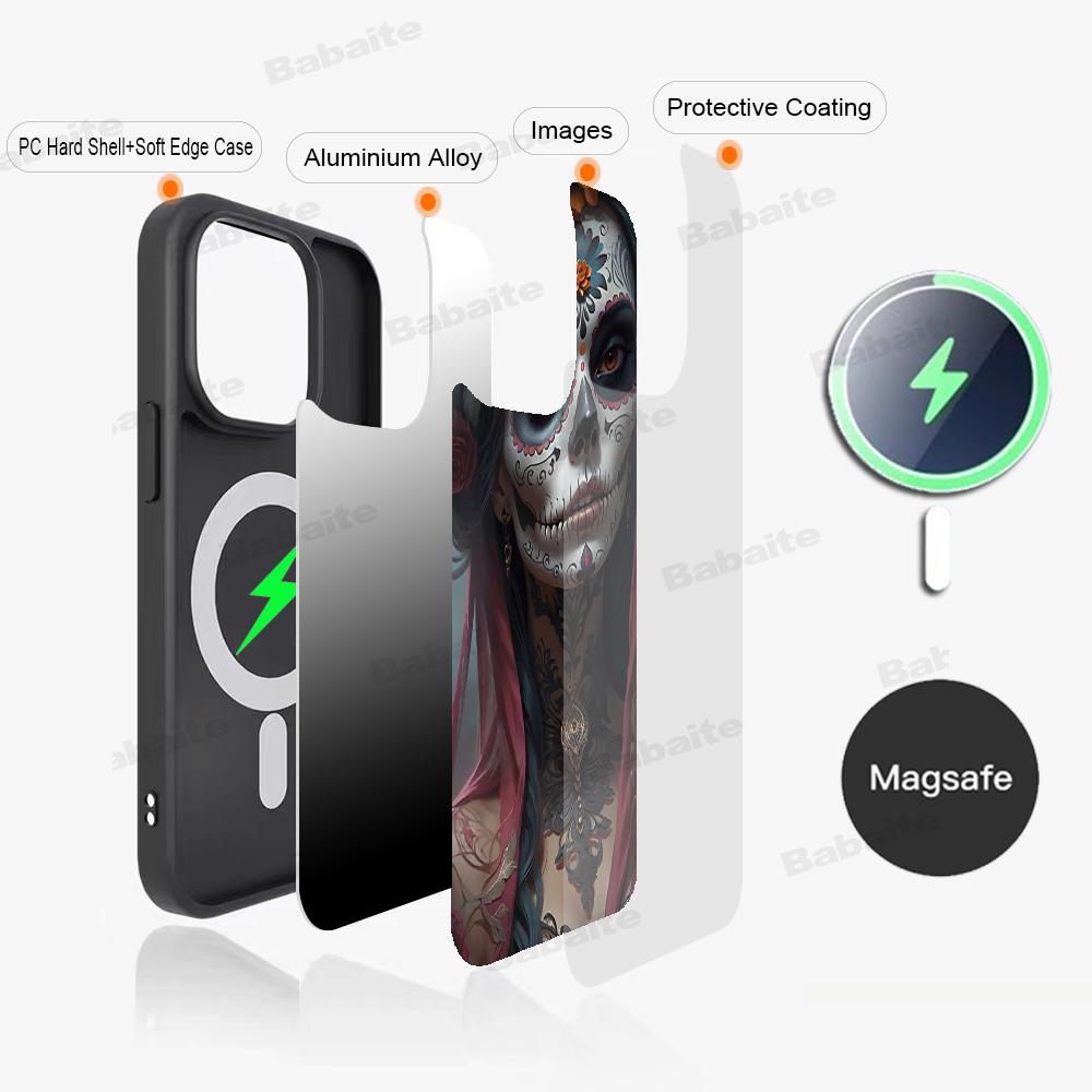 

Catrina Beautiful Rose Girl Skull Phone Magnetic Case For IPhone 16 14 13 12 11 15 ProMax Plus For Magsafe Wireless Charge Cover iPhone 12 Pro