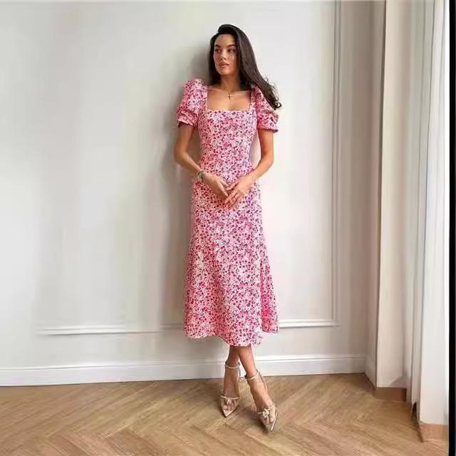 Rochie de damă cu imprimeu floral, gât pătrat, mâneci bufante, flori, rochie casual de vară