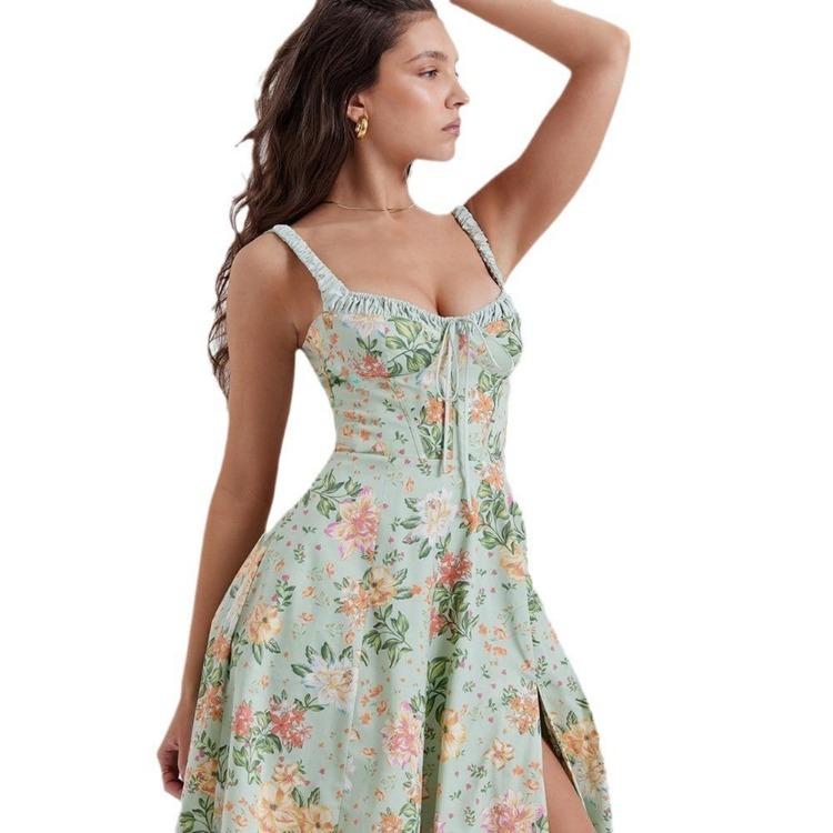 Women Fashion High Waist V Neck Backless Spaghetti Strap Print Ankle Length Trendy Design Dress