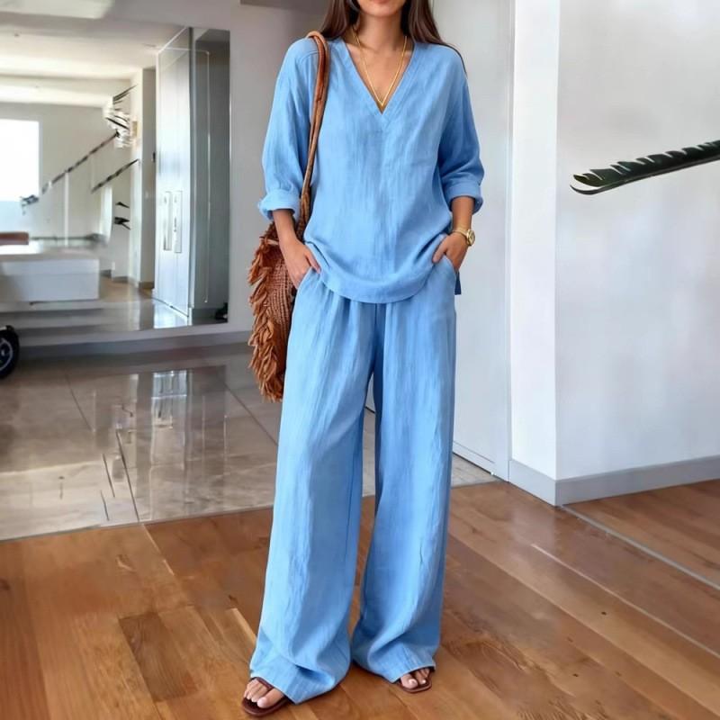 Women's Casual Collar Pullover Long-sleeved Extended Pants Washed Cotton Multicolour Women