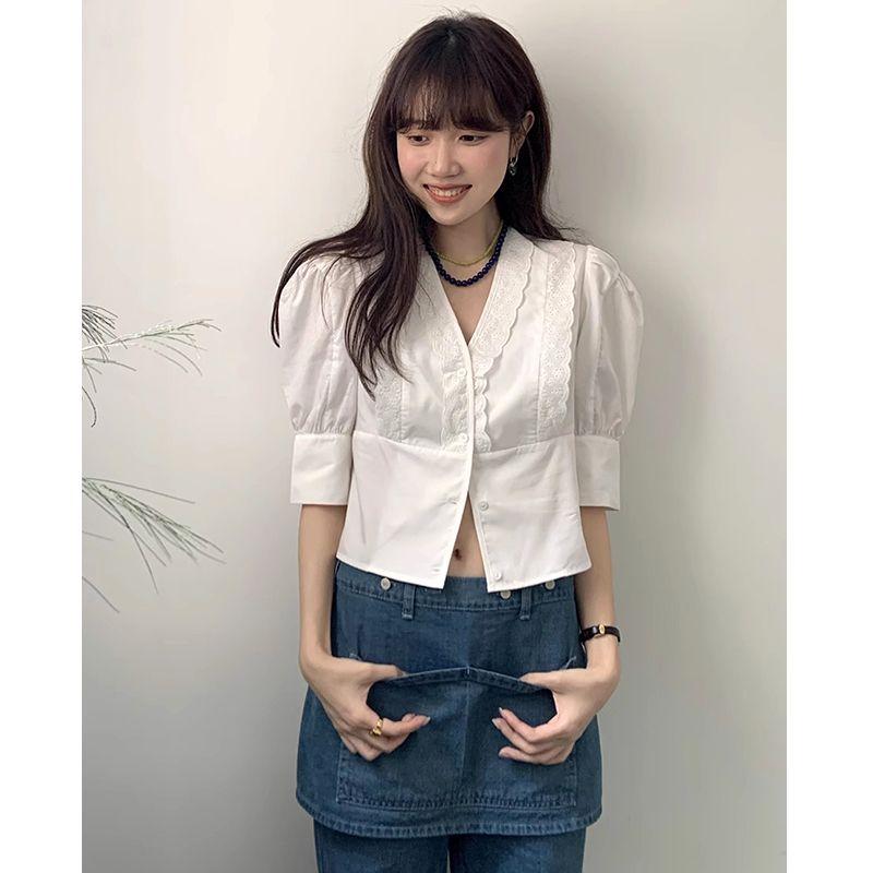 

Oni Niche Style Lace V Neck Bubble Half Sleeve Lace White All yards