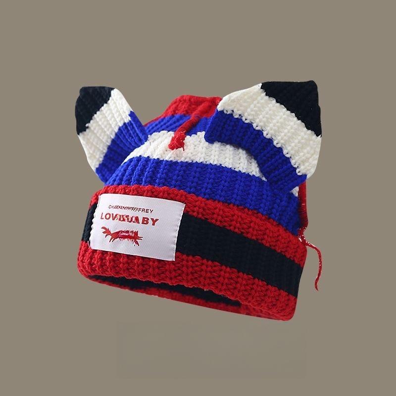 1PC Cute Keep Warm Knitted Hat Festival Spliced Colors Fashionable Pig Ears Thickened Gathering Take Photos New Style