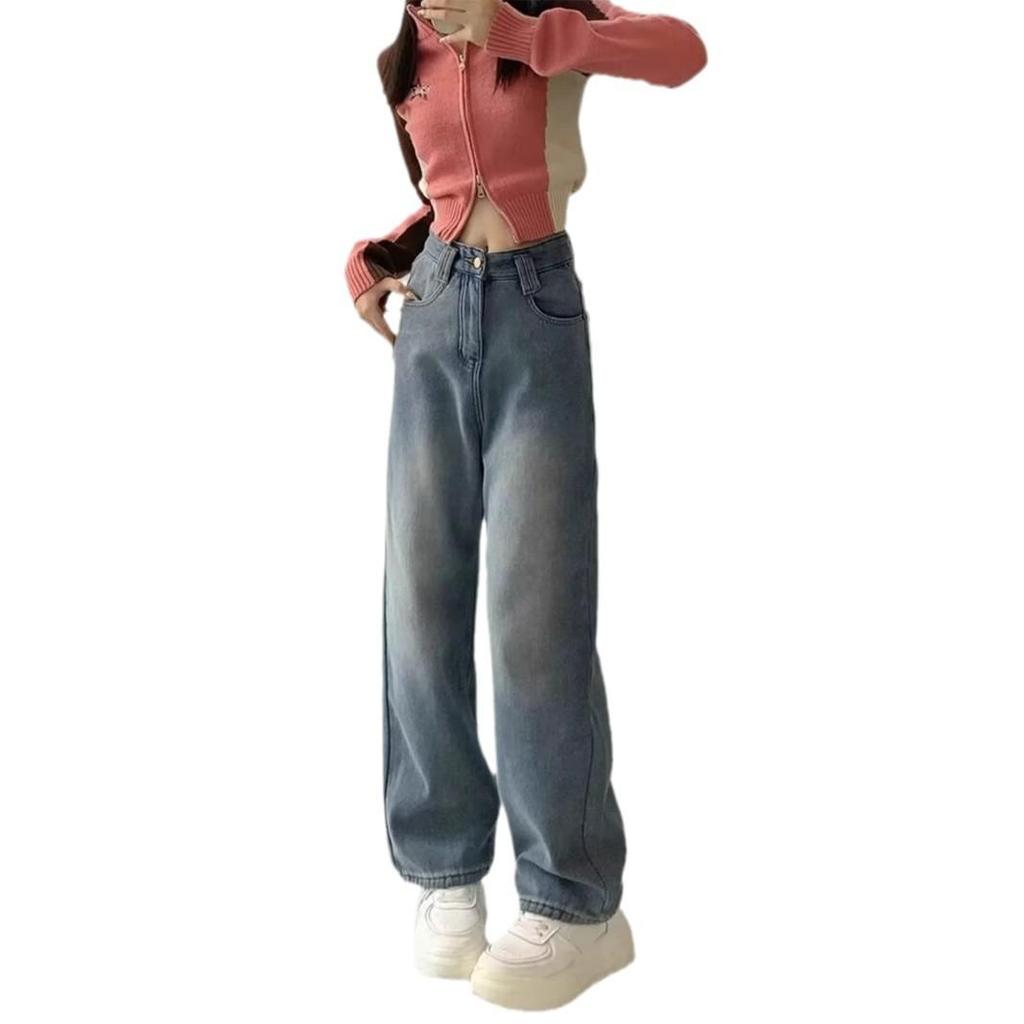 Women's High-Waisted Fleece-Lined Jeans - Winter 2024, Loose Slimming Fit, Plus Size, Straight Wide Leg.