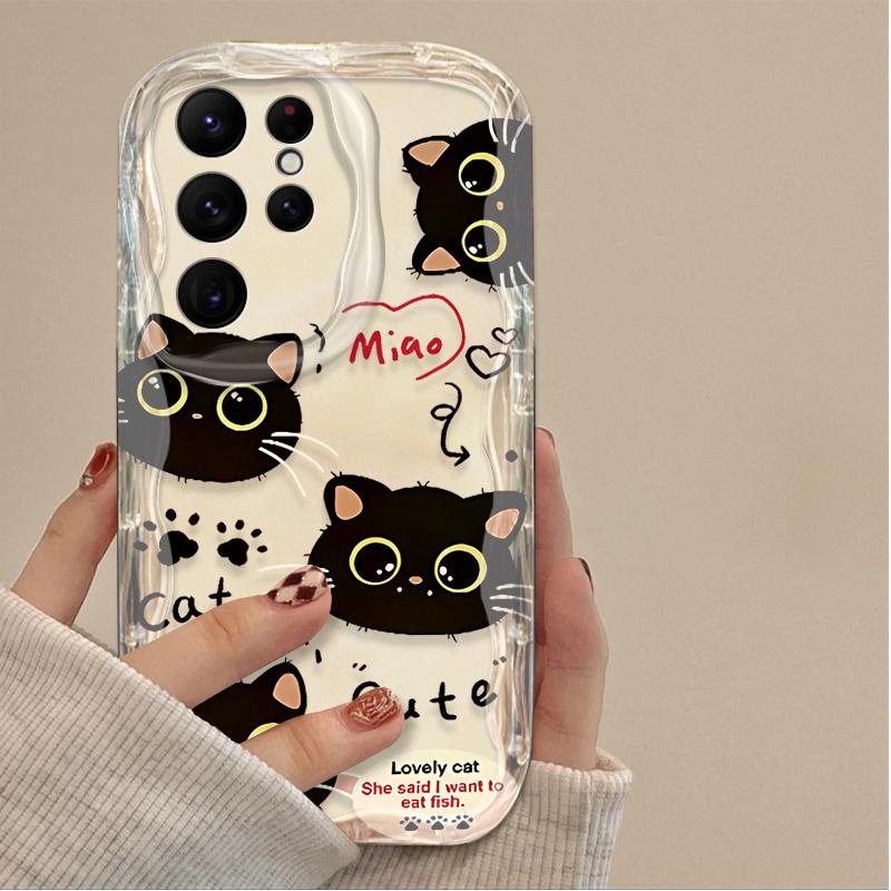 Cartoon Big Eyes Black Cat Case for Samsung Galaxy S25 S24 Ultra S23 S22 S21 S20 Plus FE A56 A36 A26 A17 A07 Soft Silicone Etui