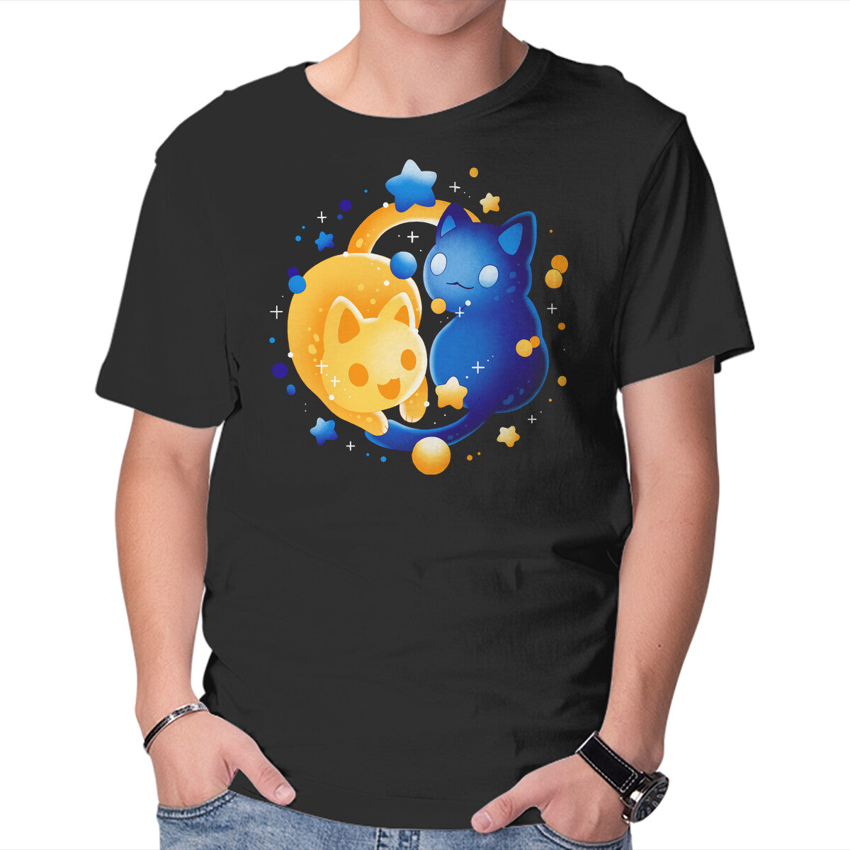 Unisex Crew Neck T-Shirt Sun Moon Kittens Graphic Short Sleeve Casual Tee M