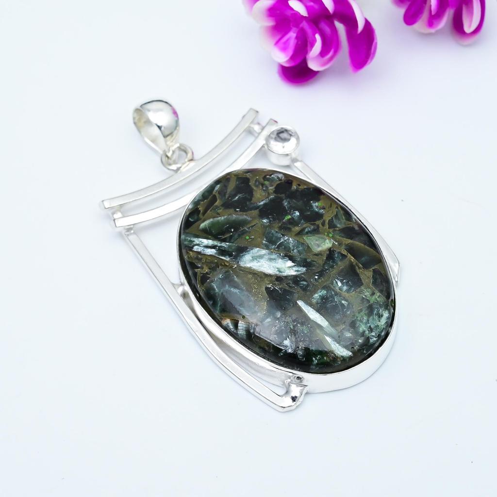 Kupfer Seraphinit, Weißtopaz Anhänger, 925 Sterlingsilber Edelsteinschmuck, Handgefertigter Anhänger, Für Thanksgiving