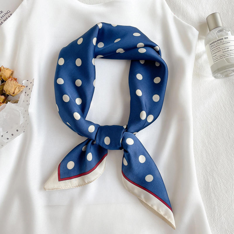 Women Lightweight Elegant Polka Dot Knotted Silk Small Square Scarf Summer Spring Elegant Neckerchief Satin Head Scarf
