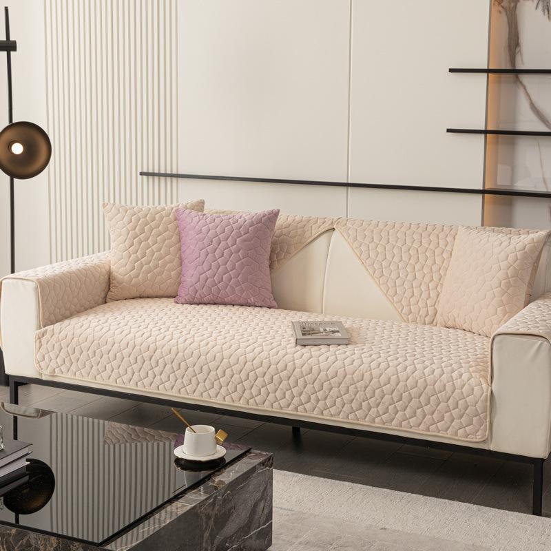 Flannel Sofa Cover Cushion Non-slip Thickened SlipCover Cushion Cover Universal Solid Color Square Grid Dust-proof Sofa Cover