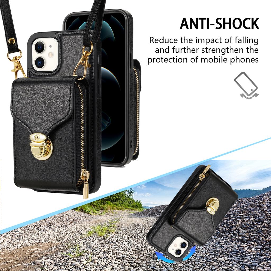 For iPhone 11 6.1 inch PU Leather Coated TPU Card Slot Phone Case Kickstand Crossbody Zipper Cover