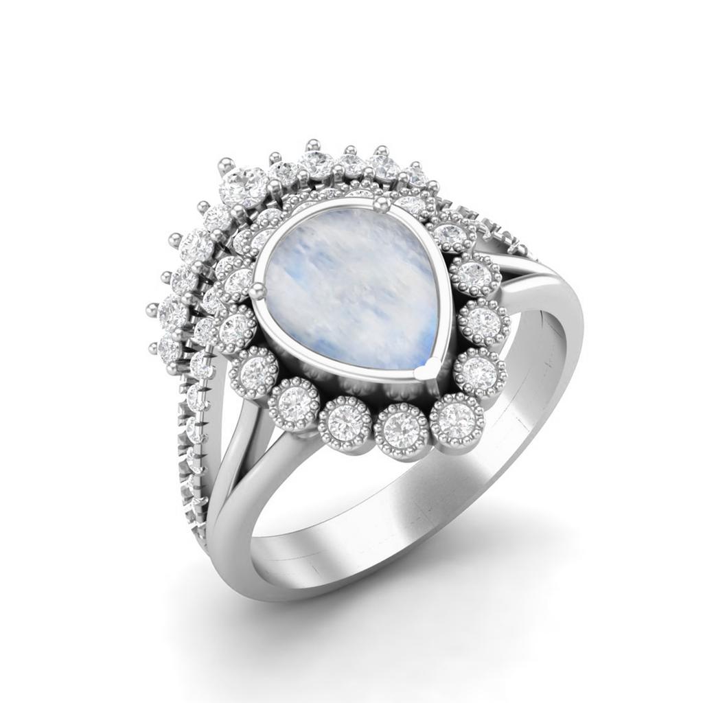 925 Sterling Silver 1.99 Cts Pear Shape Moonstone Solitaire Tiara Crown Women Wedding Ring