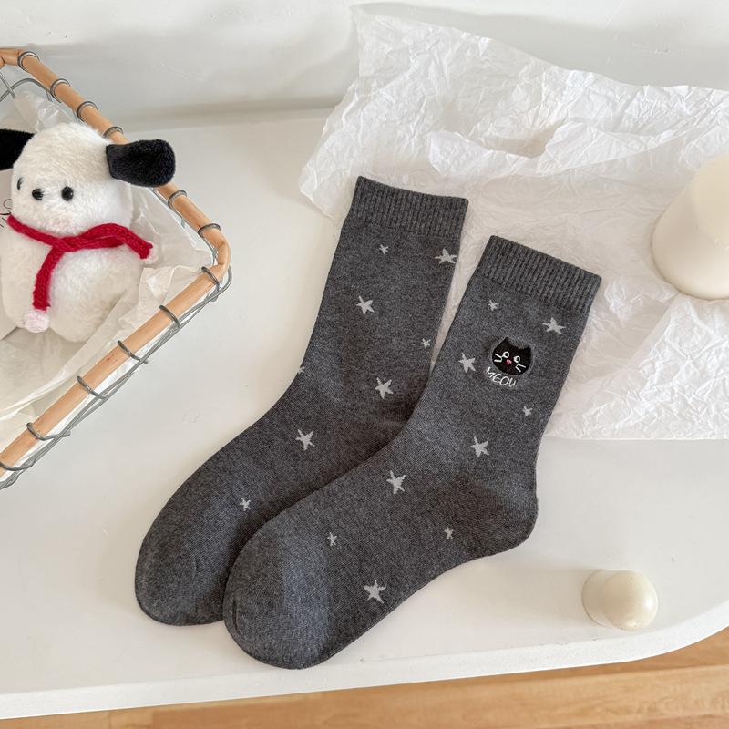 

10Pair Star Socks Female Cute Cat Embroidery Tube Socks Autumn And Winter Cotton Socks Cartoon Student Stacking Socks One size fits all темно-серого